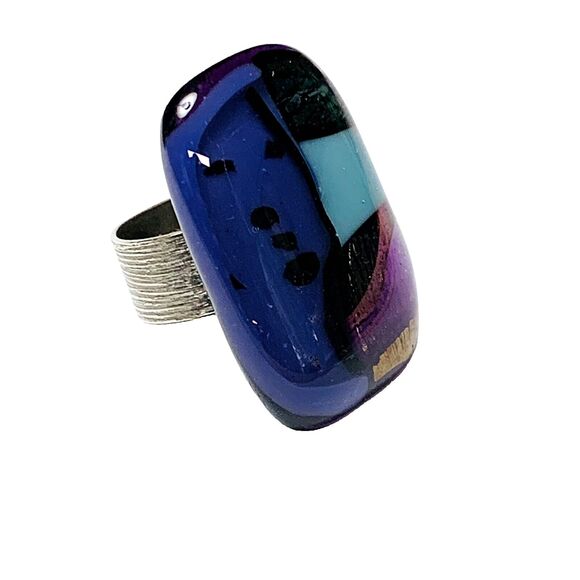 Chunky Art Glass Ring 7.5 Adjustable Purple Blue Black Statement Silver Tone - Picture 2 of 11